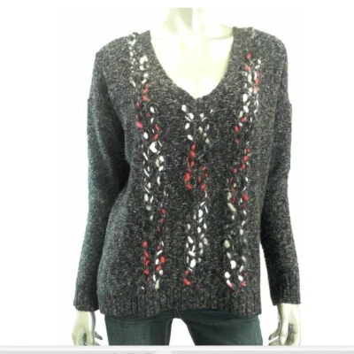 Kensie Women Junior Sweater M Red Black Pullover Cable Knit V Neck - Image 1 of 2