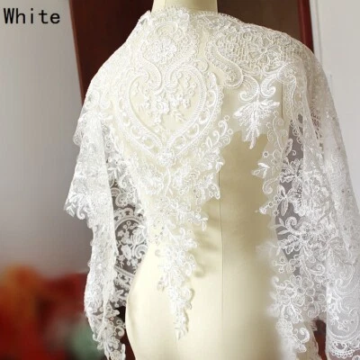 90cm Lace Sequin Edge Trim Wedding Dress Embroidered Flower Applique DIY Fabric - Image 1 of 4