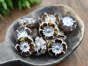 *16* 9mm Silver AB Washed Topaz Table Cut Czech Glass Hawaiian Flower Beads - Picture 1 of 4
