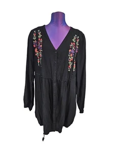 Fresco Nomadic Traders Black Floral Embroidered Peasant Top Size Large Women A98 - Picture 1 of 8