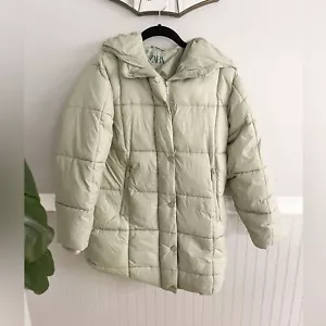Zara Girls Size 13-14 Sage Green Quilted Puffer Jacket with Hood - Picture 1 of 14