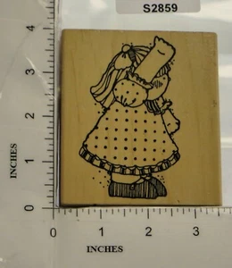 Hook's Lines & Inkers Large Wood Block Stamp Heather Waving Girl Bow Dress 025 - Picture 1 of 4