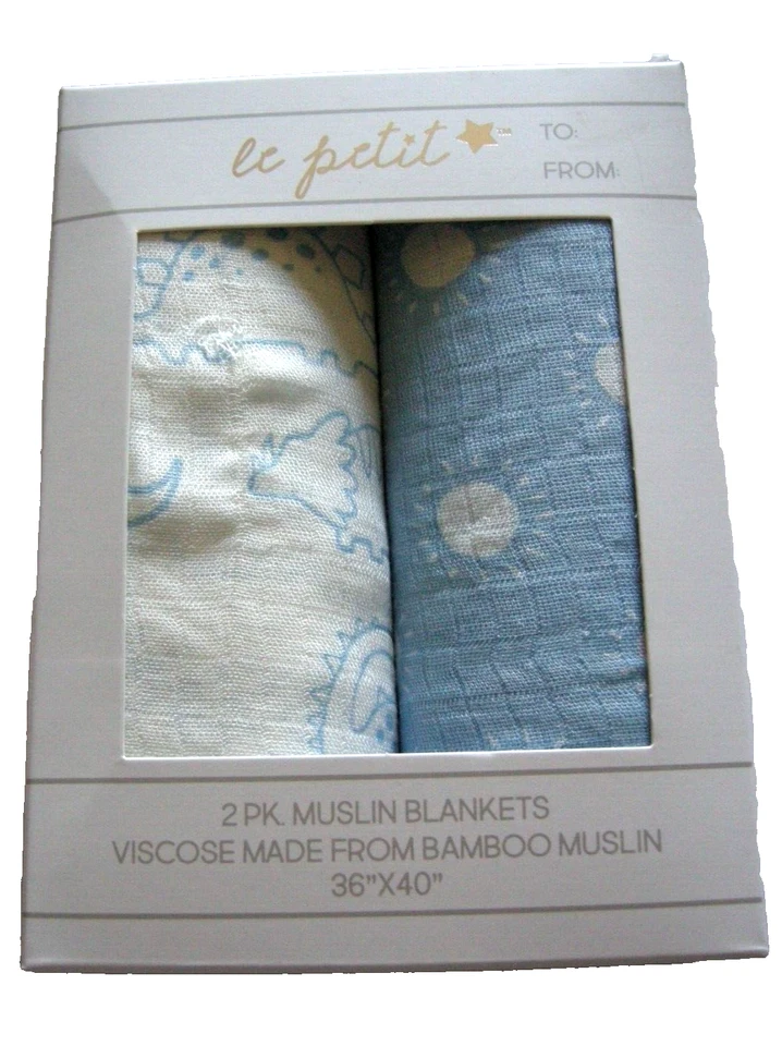 Le Petit Muslin Blankets, Boy, 36" x 40", Blue & White, 2 Pack, Brand New - Image 1 of 1