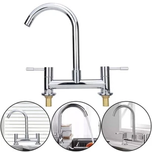 Modern Dual Lever Chrome Kitchen Sink Mixer Taps 2 Hole Mounted Refined Durable - Picture 1 of 10