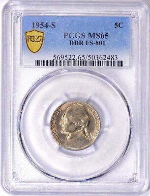 1954 S Jefferson Nickel PCGS MS65 DDR FS-801 Double Die Mint Error - Gold Shield - Image 1 of 4