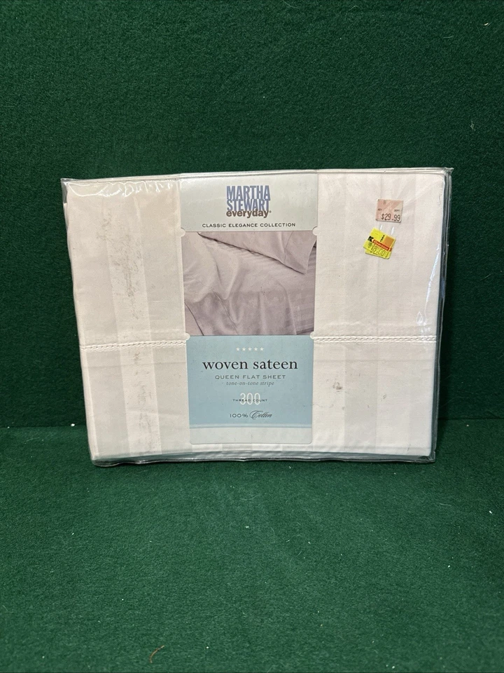 Satén tejido diario Martha Stewart Queen plana blanca sábana a rayas 300 Thread Co Foto 1 de 1