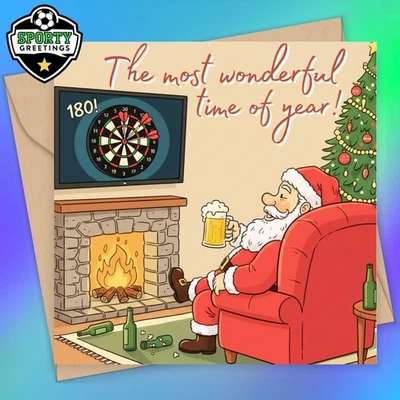 SPORTYGREETINGS Darts Christmas Card - Darts Xmas, Darts Fan Christmas Greetings, Santa Darts