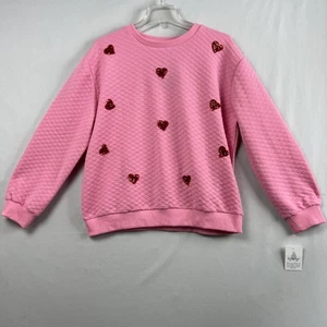 Mainstrip Pullover Crewneck Womens Size Large Quilted Sequined Hearts Pink - Picture 1 of 11