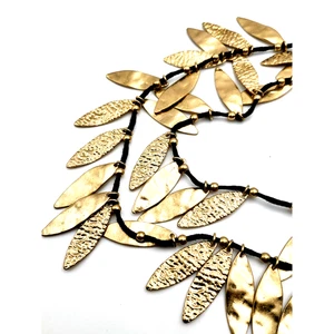 Multi-Layered Multi-Textured LEAF NECKLACE Gold Tone Black Rope 28" Adjustable - Picture 1 of 5
