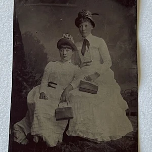 Antique Tintype Photograph Beautiful Affectionate Fashionable Young Women Purses - Picture 1 of 8