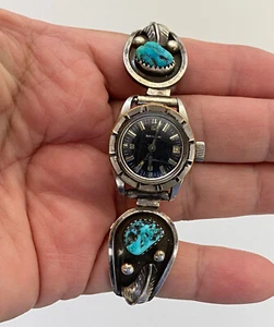 VTG Baylor Ladies Turquoise WILSON PADILLA Navajo Sterling Inlay Band Watch Tips - Picture 1 of 9