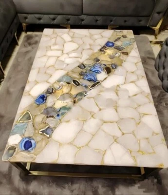 Natural White Agate Stone Dining Room Table Top Handmade Art Outdoor Home Decor - Image 1 of 3