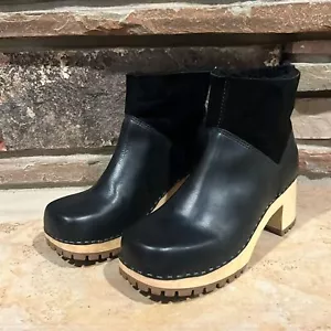 MIA Josi Black Leather and Wood Square Toe Clog Platform Bootie - Picture 1 of 9
