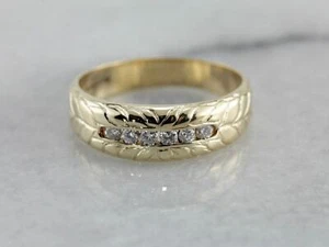 Handsome Unisex Diamond Wedding Band with Hand Engraved Pattern - Picture 1 of 5
