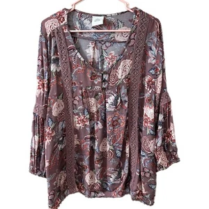 Knox Rose Women’s Size 1X Popover Top Floral Boho - Picture 1 of 6