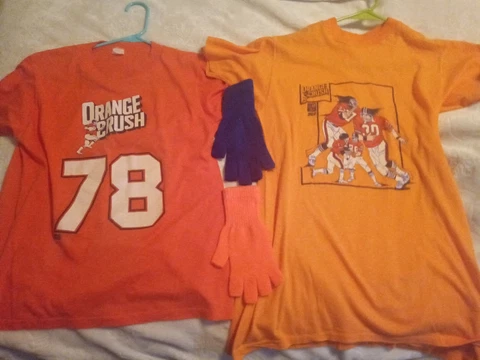 Denver Broncos women's orange crush t shirts, 1 M and 1 L, plus Bronco gloves Cover