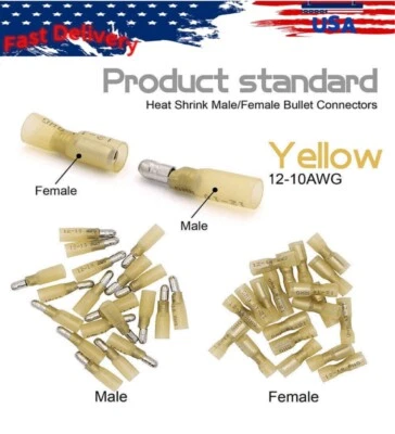 Heat Shrink Bullet Female Male Wire Connector Crimp Terminals  Yellow 12-10AWG - Image 1 of 3