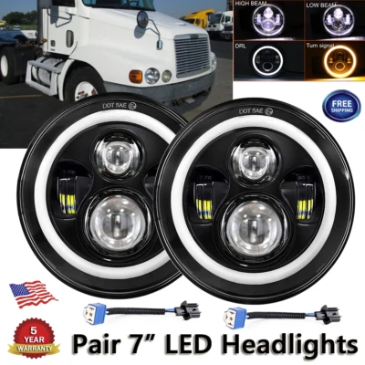 Pair 7" Round LED Headlights Halo DRL For Freightliner Century Class 2001-2009 - Image 1 of 4