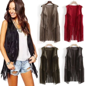 Retro 70s Women Hippie Faux Suede Sleeveless Tassels Fringe Vest Cardigan Jacket - Picture 1 of 15