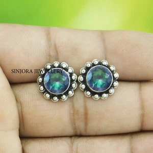Mystic Topaz Gemstone 925 Sterling Silver Handmade Jewellery Stud Earrings - Picture 1 of 4