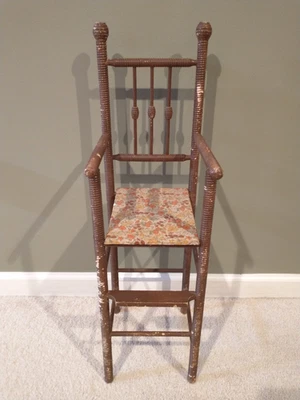 ANTIQUE DOLL HIGH CHAIR w/FOOT REST SPOOL TURNINGS ORIGINAL SEAT - Image 1 of 4