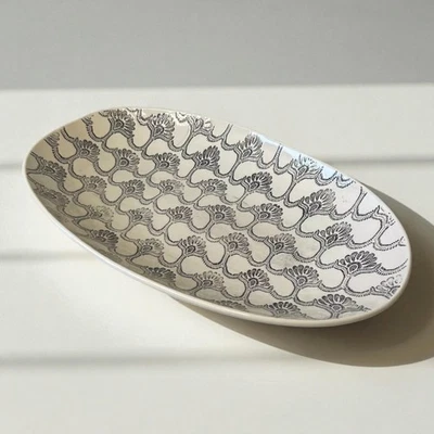 Creative Co-Op Stoneware Serving Plate Black Cream Embossed 39x23.5cm New - Image 1 of 4