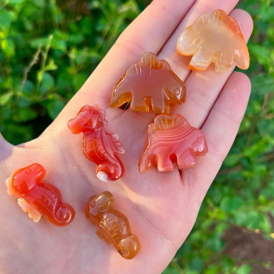Natural Carnelian Seahorse & Stegosaurus Crystal Carvings Cute Small Gift Idea - Image 1 of 4