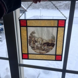 Vintage Stained Glass Preparing For Market Currier & Ives 8X 8  Brown Beige Rare - Picture 1 of 4