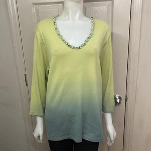 Camicia Dana Buchman verde ombra vita camicetta top perline rock collo 2X - Foto 1 di 6
