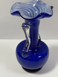 Blue Glass Art Ruffled Top Vase, MCM Blown Glass Handles 6" - Picture 1 of 5