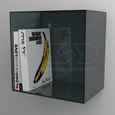 Mensola Cubo cm 30 in plexiglass colorato fumé grigio espositore da parete - Immagine 1 di 4