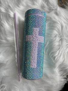AuqaMarine AB Rhinestone Bedazzelded 22oz Lilac Tumbler Cup Lid & Matching Straw - Picture 1 of 5