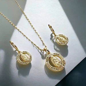 14K Gold Plated Virgin Mary Pendant Necklace Earring Set Religious Jewelry - Picture 1 of 1