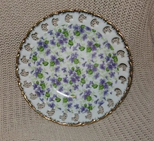 Vintage Lefton Porcelain Violet Chintz Reticulated 7" Round Candy Dish - Picture 1 of 4
