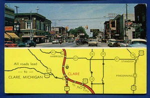 Clare Michigan 2 views Street & Yellow map autos old postcard - Picture 1 of 2
