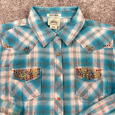 Camisa feminina Ariat pérola Snap XL turquesa ajustada strass vaqueira ocidental - Imagem 1 de 4