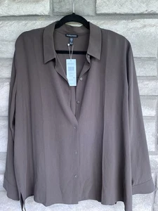 Eileen Fisher Classic CLR Silk Shirt XL $278 Wren Chocolate Brown Textured - Picture 1 of 9