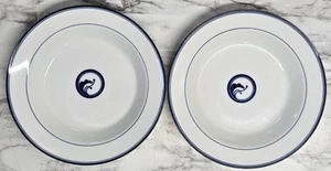 Dansk Flora Juniper Shallow Bowls Soup Salad White with Blue Print Stoneware - Picture 1 of 5