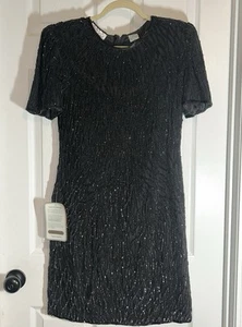 Laurence Kazar Cocktail Dress Size 8 Black 1980s Silk Beaded Mother Of Bride - Picture 1 of 12