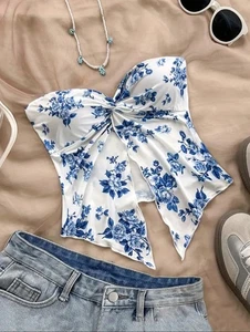 Top de tubo bandeau con nudo torcido estampado floral en L para mujer dobladillo asimétrico frontal dividido - Imagen 1 de 4