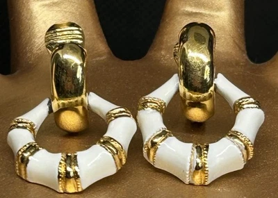 Monet Hoop Clip On Earrings Luxury White Enamel Gold Tone Circle Design  Vintage - Image 1 of 4