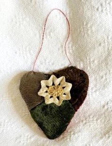 VTG Handmade Crazy Quilt Hanging Stuffed Heart Rick Rack + Embroidery Art 3" Ht - Picture 1 of 6