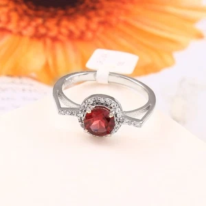 Round Solitaire Red Garnet 925 Sterling Silver Ring Halo Engagement Ring Gift - Picture 1 of 8