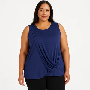 Top IMAN para mujer talla 2X azul oscuro drapeado sin mangas cuello redondo elegante moderno - Imagen 1 de 9