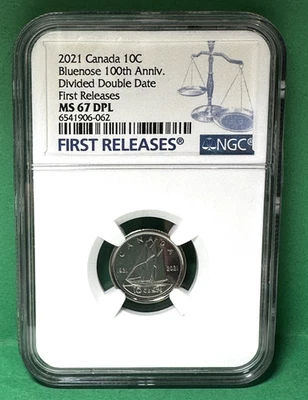 2021 Canada 10C Bluenose 100th Anniv. Divided Double Date First Releases MS67 DP - Image 1 of 2