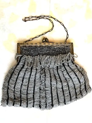 Old Beaded Flapper Purse, Ornate Brass Frame - 1920-30s, Silver/Black Ribbed - Image 1 of 4