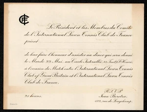 Einladung. Abendessen. International Lawn Tennis Club de France. um 1930. Borotra - Bild 1 von 2