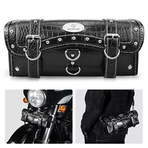 Universal Leather Tool Fork Bag Round Motorcycle Saddlebag Handlebar For Harley - Picture 1 of 11