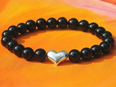 Damen 8mm Handgefertigt Edelstein & Silber Herz Perlen Armband - Schwarzer Achat - Bild 1 von 3