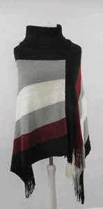 Poncho, Cape, QUIZ, Roll Neck, Black, Burgundy, White, Grey Stripe, One Size - Picture 1 of 8